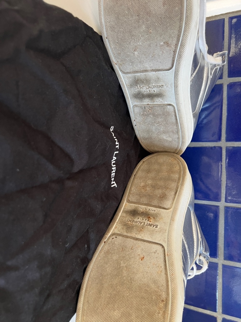 Saint Laurent Silver Metallic High-Top Sneakers with White Trim - Picture 2 of 9